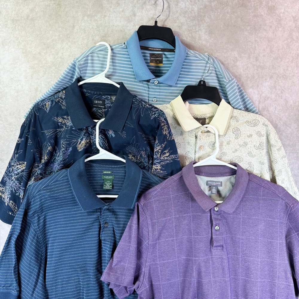 Mixed Brand Polo Shirts Men Large Blue Purple Patterned Bundle 5pc Golf Casual